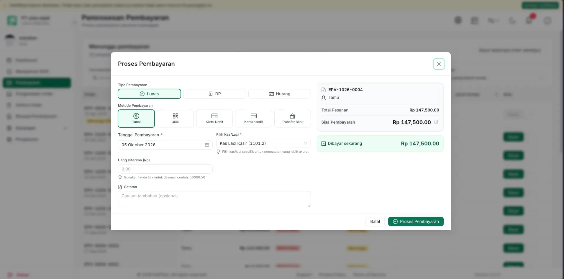 Dashboard kasir InkPoint: shift kasir, pembayaran order, dan riwayat pesanan di software digital printing