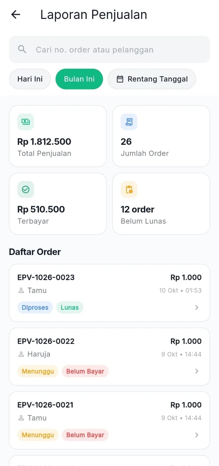 Laporan penjualan di aplikasi percetakan InkPoint untuk Android: total penjualan, jumlah order, terbayar, dan order belum lunas