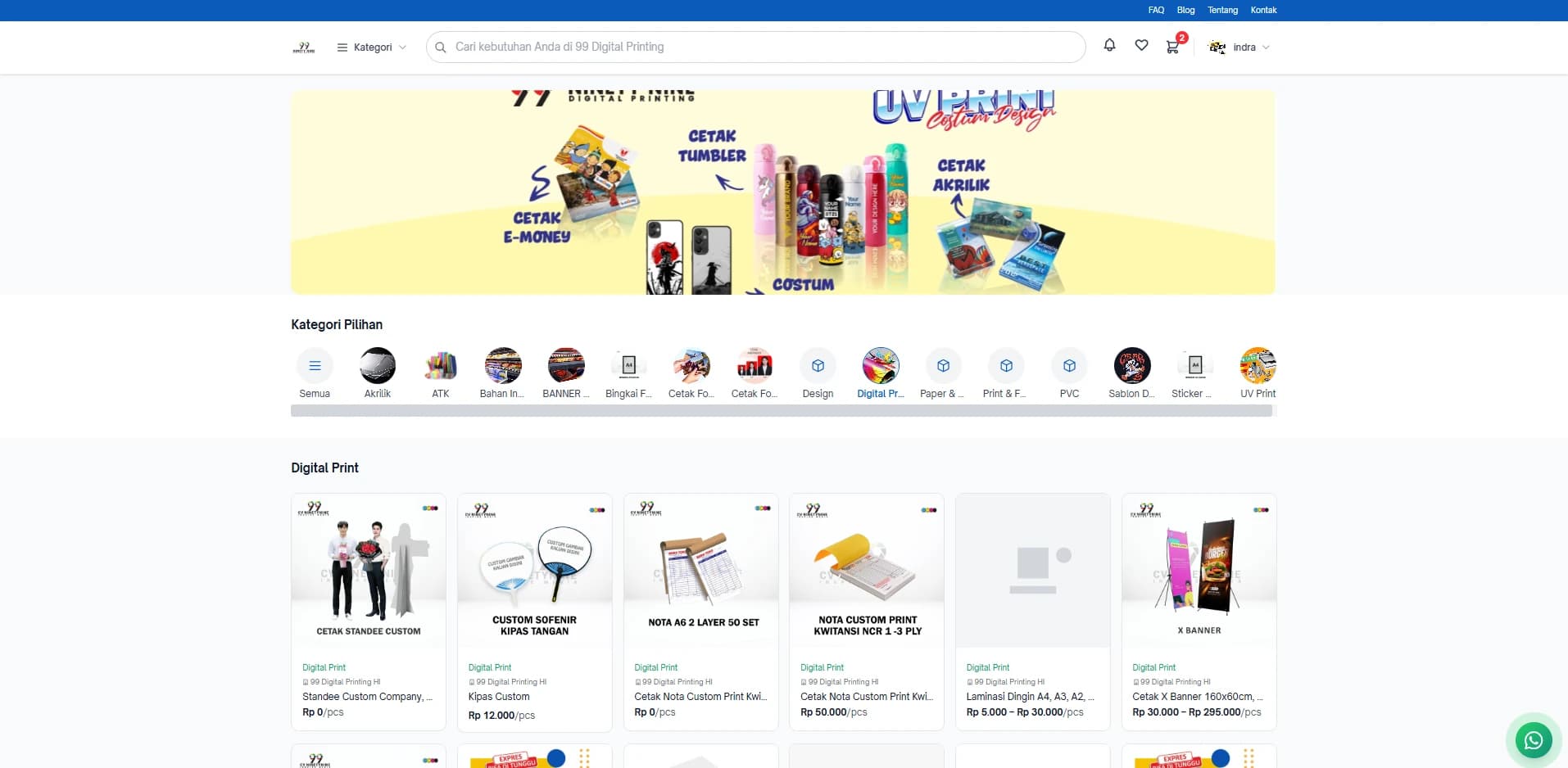 Website toko online percetakan buatan InkPoint dengan katalog dan harga dari aplikasi
