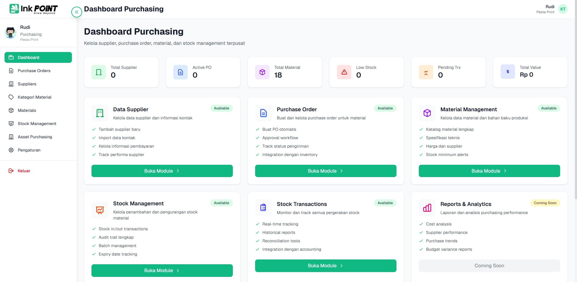 Software Digital Printing - Purchasing Dashboard untuk bisnis digital printing: manajemen pembelian bahan baku dan supplier
