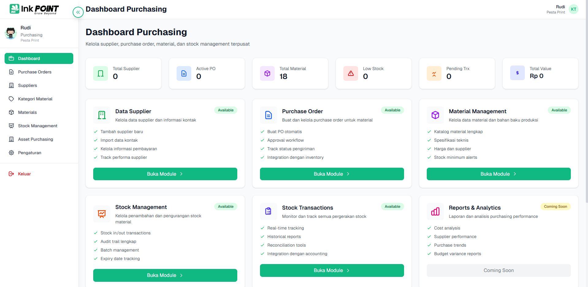 Purchasing Dashboard InkPoint - Manajemen pembelian bahan baku dan supplier untuk percetakan digital
